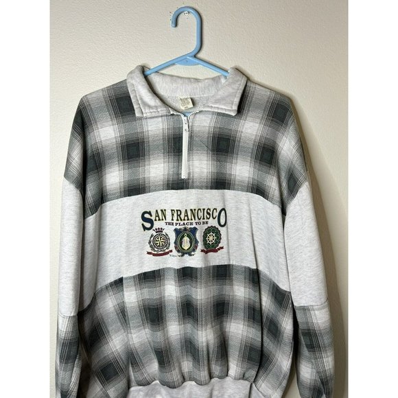 San Francisco The Place To Be 1994 Sweater Gray Plaid 1/4 Zip Size XXL Grey - Picture 2 of 14
